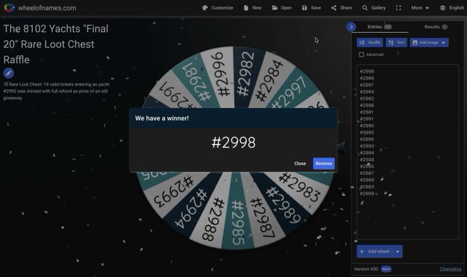 A screenshot from wheelofnames.com showing a spinning wheel raffle for 'The 8102 Yachts Final 20 Rare Loot Chest Raffle' with #2998 announced as the winner.