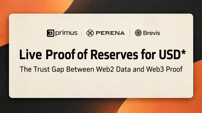 A presentation slide with logos for primus, PERENA, and Brevis, titled "Live Proof of Reserves for USD*" with the subtitle "The Trust Gap Between Web2 Data and Web3 Proof."