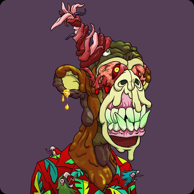 The image features a cartoon monkey wearing a colorful shirt with tropical designs, such as palm trees and birds. The monkey has a face painted on its head that looks like a sad clown or a monster. The background of the image is purple, which contrasts with the bright colors of the monkey's outfit. The caption below the image reads: "I am a Bored Ape. I am part of the best Club on the internet. I celebrate the community we've built. I am proud to be a member of the Club."