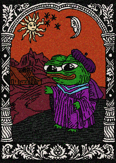 A whimsical tapestry-style illustration depicts a smug Pepe the Frog dressed in a purple robe and beret, standing before a twilight landscape with sun and moon above, framed by ornate columns. The artistic, mystical imagery pairs with the "GM, frens" post by capturing the ritualistic, greeting-the-day spirit of the crypto community's traditional morning salutation through Pepe's knowing, almost wizardly pose.