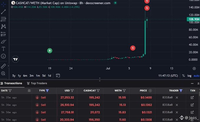 The image shows a 5-hour chart of the meme token $CASHCAT/WETH on Uniswap, displaying a dramatic price pump from near zero to $108.90M, marked with buy and sell signals. Below the chart, transaction details reveal a trader (8318a0) selling large amounts—27,253 USD for 195,242 CASHCAT at $0.1400 per token, illustrating the massive gains referenced in the post.