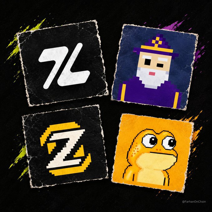 Four pixel-art style icons are arranged on a black background with colorful splatter accents, featuring a logo, a wizard character, a stylized '3', and a yellow creature, watermarked with '@FarhanOnChain'.