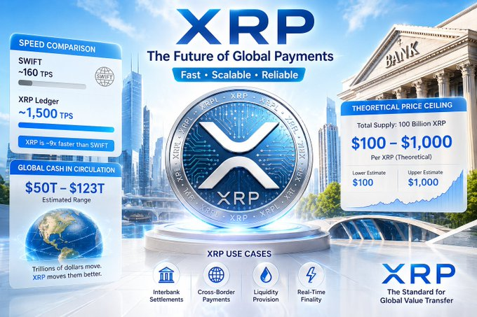 A promotional XRP graphic titled "The Future of Global Payments" highlighting its speed advantage over SWIFT (1,500 TPS vs. 160 TPS) and showing a theoretical price ceiling of $100-$1,000 per XRP, illustrating the post's point about XRP's faster settlement capabilities compared to SWIFT's 160 transactions per second.