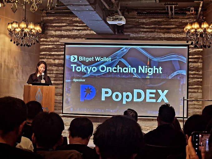A speaker presents at the 'Bitget Wallet Tokyo Onchain Night' event with a presentation slide showing 'PopDEX' as the featured speaker.