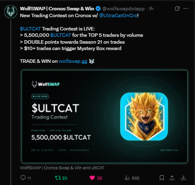 Twitter/X post from @wolfswapdapp announcing a 'New Trading Contest on Cronos w/ UltraCatOnCr0!' featuring a $ULTCAT prize pool of 5,500,000 $ULTCAT for top traders.