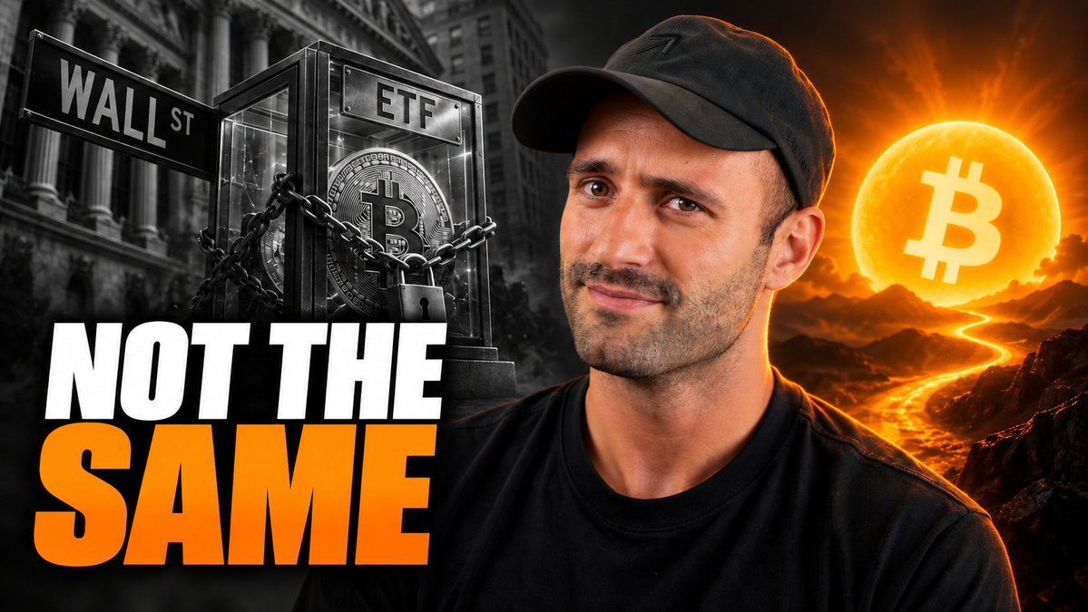 A YouTube thumbnail shows a man in a black cap with "NOT THE SAME" text, alongside a chained Bitcoin in a glass case on Wall St and a Bitcoin sun rising over lava.