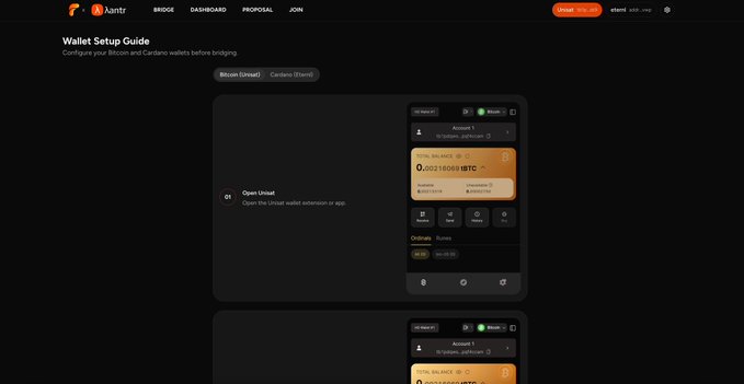 A screenshot of the Xanitr Bridge platform's "Wallet Setup Guide" page, displaying step-by-step instructions for configuring Bitcoin (Unisat) and Cardano (Eternl) wallets before bridging, with visual previews of the wallet interfaces showing a balance of 0.00214069 tBTC and 0 tADA. The image aligns with the accompanying post by illustrating the new wallet setup guides added to BIFROST, specifically highlighting the testnet wallet configuration process for both Bitcoin and Cardano.