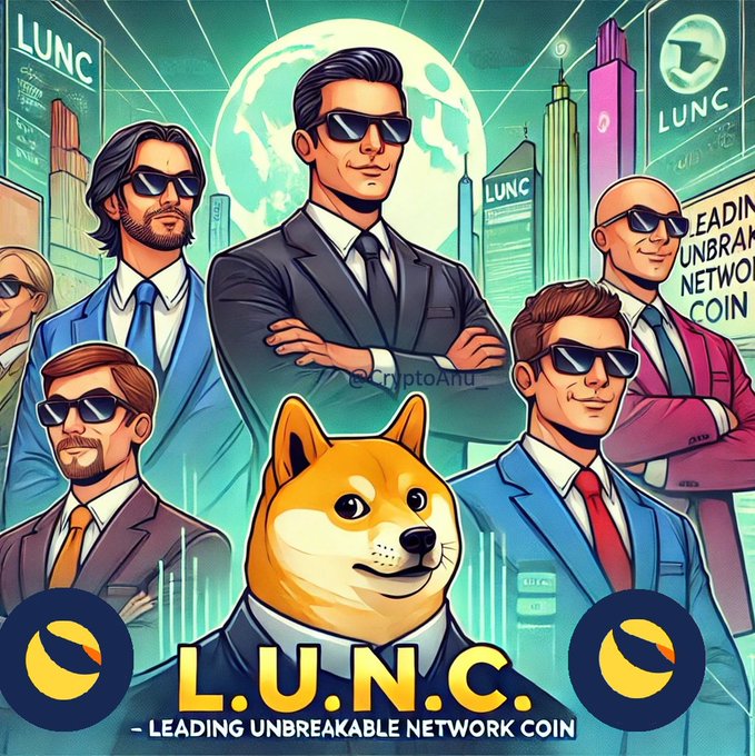 A stylized cartoon illustration features confident suited figures and a Shiba Inu mascot in front of a futuristic cityscape and moon, with "L.U.N.C - LEADING UNBREAKABLE NETWORK COIN" prominently displayed to symbolize the crypto project's strength, community, and resilience.