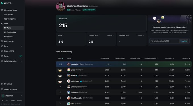 A KAITO dashboard displaying the 'My Aura' profile for user 'steelorian' with Total Aura 215, Rank 319, and a leaderboard listing top aura earners.
