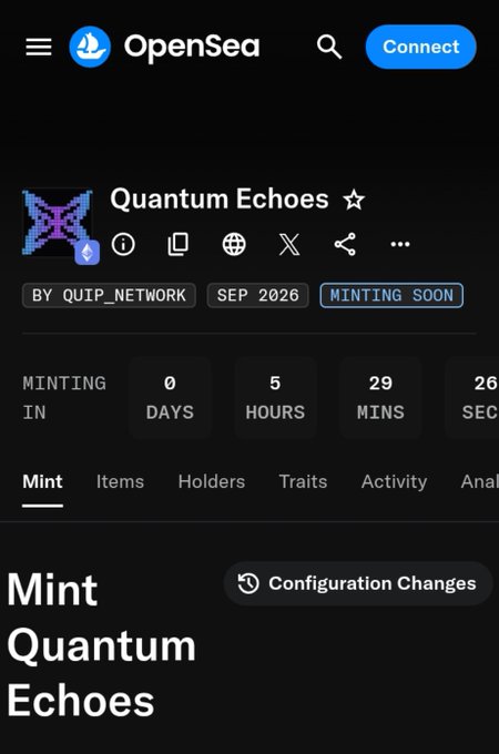 The OpenSea NFT minting page for 'Quantum Echoes' by QUIP_NETWORK shows a countdown timer indicating minting in 0 days, 5 hours.