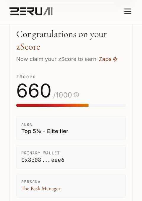 A ZERUI mobile app screen congratulating a user on a zScore of 660/1000, earning the "Top 5% - Elite tier" AURA with the persona "The Risk Manager."