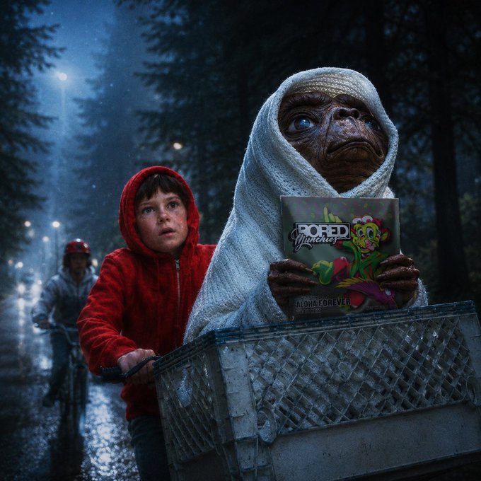 A young boy in a red hoodie sits in a shopping cart next to E.T. the Extra-Terrestrial holding a "DOPED Monkeys ALOHA FOREVER" comic book in a rainy forest setting.