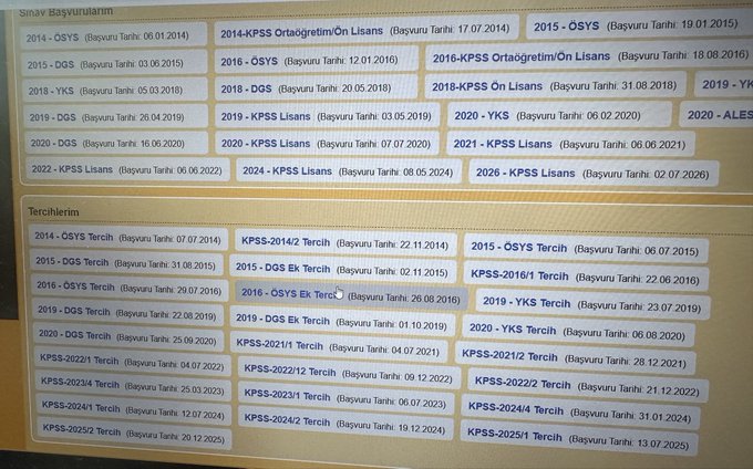 A computer screen displaying a Turkish-language database of soccer match dates and results, listing past encounters between teams like OSYS, DGS, KPSS, and YKS.