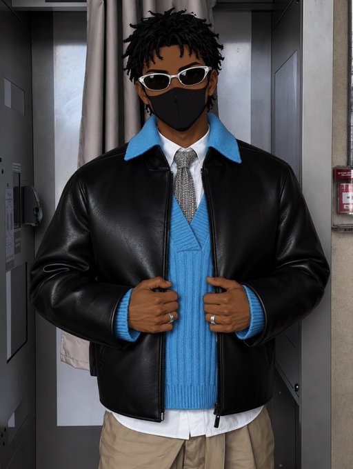 An illustration depicts a stylish figure wearing a black leather jacket over a blue cardigan, white shirt, patterned tie, white-framed sunglasses, and a black face mask.