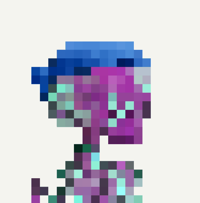 A pixelated digital artwork depicting a stylized figure with blue hair wearing a purple and teal checkered/plaid outfit against a white background.