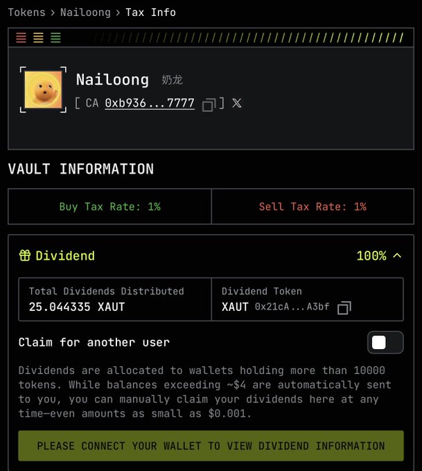 A screenshot of a cryptocurrency website displaying tax and dividend information for the token 'Nailoong', with a 1% buy and sell tax and a dividend rate of 100% distributed in XAUT.