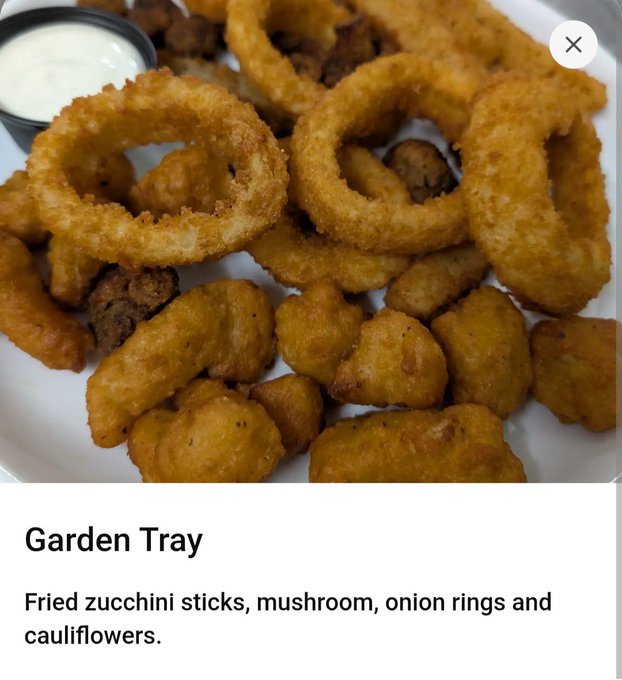 A 'Garden Tray' menu item featuring fried zucchini sticks, mushrooms, onion rings, and cauliflowers with dipping sauce.