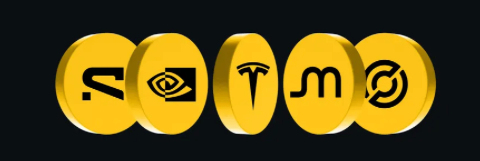 The image displays five gold coin tokens featuring logos of major companies and platforms—appears to show Stock, NVIDIA, Tesla, MicroStrategy, and another brand—representing tokenized U.S. stocks on Binance's new BStocks platform, which allows users to trade traditional American equities as on-chain assets with 1:1 asset backing.