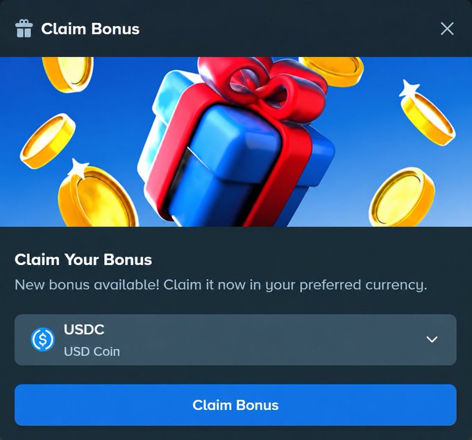 A "Claim Bonus" pop-up window appears featuring a 3D illustration of a blue gift box with a red bow surrounded by gold coins, prompting the user to claim their reward in USDC currency via a blue "Claim Bonus" button—likely teasing the weekly bonus amount being guessed in the post.