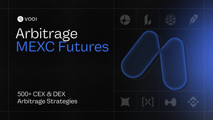 A dark-themed promotional graphic featuring the VOOI logo and large blue "M" branding, advertising "Arbitrage MEXC Futures" with "500+ CEX & DEX Arbitrage Strategies" alongside various exchange icons, matching the post's announcement of VOOI's Arbitrage Desk going live for executing funding spread setups across pairs like $VANRY, $ANSEM, and $BTW between MEXC and other exchanges.