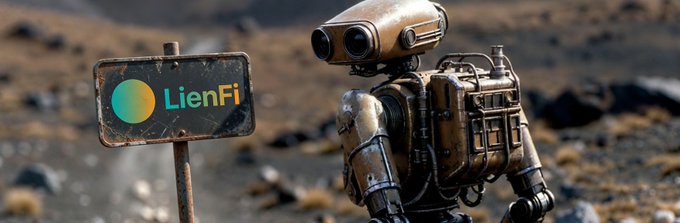 The image features a robot standing next to a sign that says "LienFi" with an arrow pointing towards it, possibly indicating its location or direction of movement. The background shows a desert landscape with rocks scattered around. There are also some words related to real estate and finance visible in the image, such as "Pathfinder now has a property tax lien from Florida." This suggests that there might be a connection between the robot's presence and the real estate market or financial situation in Florida.