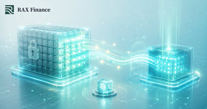 A digital promotional banner for 'RAX Finance' shows glowing blue wireframe cubes connected by data streams, with a padlock icon suggesting blockchain security features.
