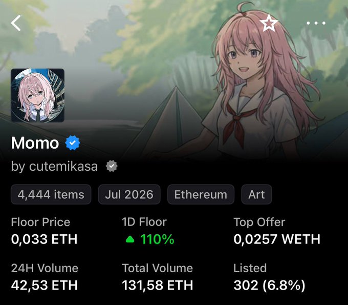An NFT marketplace profile for 'Momo' by cutemikasa featuring an anime character, showing 4,444 items with a floor price of 0.033 ETH.