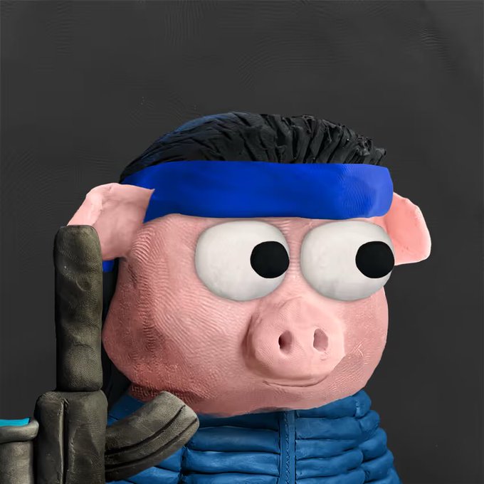A cartoonish pig character with a blue headband and oversized googly eyes appears alongside a stone-like figure, visually representing the satirical caption's jab at deceptive crypto projects—where a seemingly harmless "community-owned" pig mascot actually controls numerous wallets for manipulation.