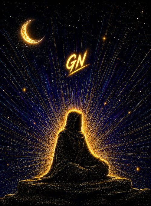 A mystical illustration featuring a hooded figure in meditation beneath a crescent moon and stars, with golden light rays and the letters 'GN' glowing above.