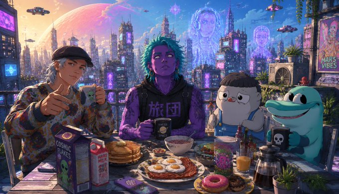 A vibrant cyberpunk-style illustration of several characters including a purple-skinned figure, a boy in overalls, and a teal creature sitting at a table with breakfast food like pancakes, eggs, and donuts, with a futuristic neon cityscape in the background featuring 'MARS VIBES' signage.