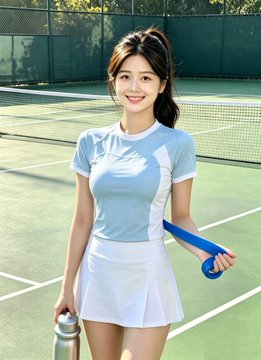 A young woman with a ponytail standing on a tennis court, wearing a light blue athletic top and white skirt while holding a blue tennis racket and water bottle.