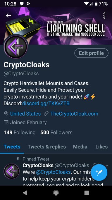 A Twitter profile for CryptoCloaks (@CryptoCloaks) displays 500 followers and 149 following, with their bio mentioning crypto hardware wallet mounts and cases, alongside their "Lightning Shell" branded banner. The image relates to the post about growth progress, as reaching 500 followers represents a milestone in the account's development journey.
