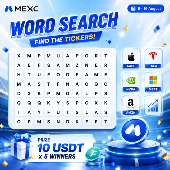 A MEXC promotional graphic for a 'WORD SEARCH' game titled 'FIND THE TICKERS!' running from 8-16 August, offering 10 USDT prizes to 5 winners, featuring tickers like AAPL, TSLA, NVDA, MSFT, and AMZN.