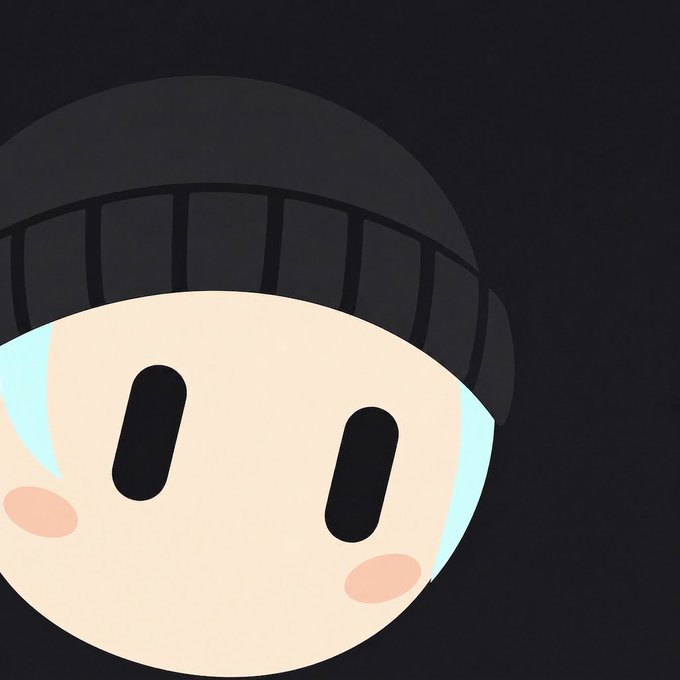A cartoon-style illustration of a round-faced character wearing a black beanie, with simple black oval eyes and pink blushed cheeks against a dark background.