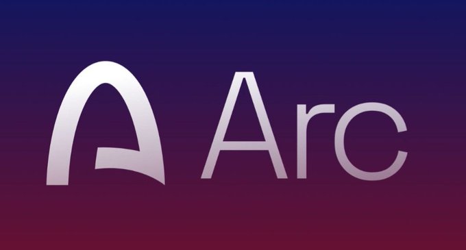 The Arc logo displayed on a gradient background transitioning from dark blue to purple-red.