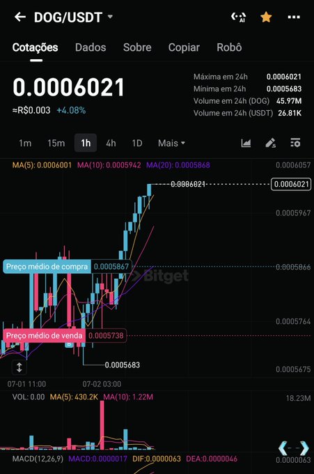 Bitget cryptocurrency chart showing DOG/USDT trading pair at 0.0006021, up 4.08%, with 1-hour candlestick data and technical indicators.