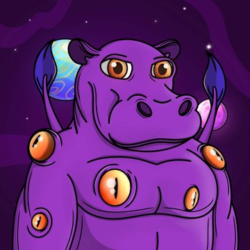 A cartoon illustration of a purple hippopotamus-like creature with multiple orange eyes on its body, standing against a purple cosmic background.