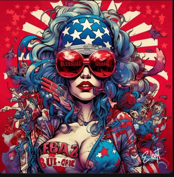 A stylized pop-art illustration of a woman with an American flag-themed bandana reading 'LIBERTAS', star-shaped sunglasses reflecting red scenes, and a denim jacket, with 'FBAZ' and 'US-ONE' text on her top against a red sunburst background.