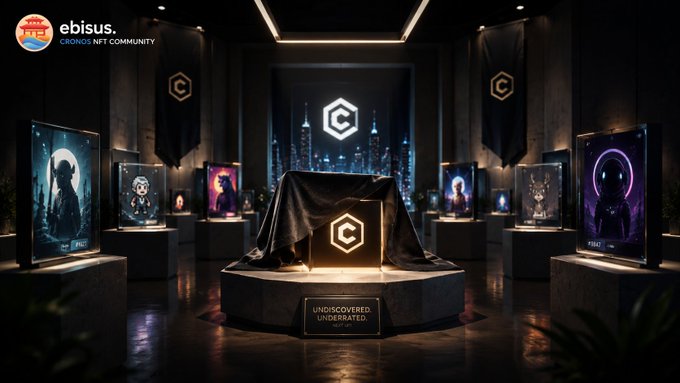 A promotional image for the "ebisus CRONOS NFT COMMUNITY," displaying a futuristic gallery space with NFT artwork displayed on illuminated screens and a central covered object labeled "UNDISCOVERED UNDERRATED."