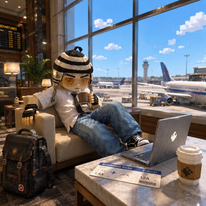 A 3D rendered character wearing a striped beanie and yellow glasses lounges in an airport chair, holding coffee, with a laptop, boarding pass (LAX to JFK), backpack, and airplane visible through the window behind them.