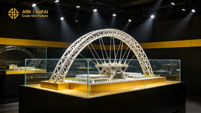 An architectural model of a truss-arch bridge is displayed in a glass case under dramatic spotlights, with the "ARK | DeFAI Code the Future" logo visible in the upper left, symbolizing the structural and long-term foundation of the ARK ecosystem.

The image visually echoes the post's theme of bridge-building, representing the Arkie AI App as the "bridge" connecting AI Agents with Web3 users across the ARK ecosystem.