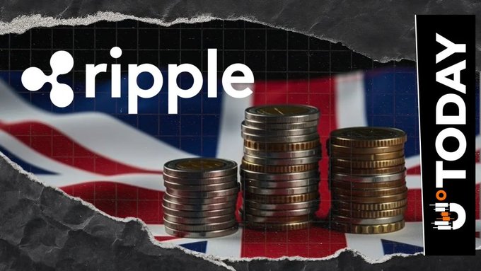 Ripple's logo appears alongside stacks of coins and the Union Jack flag, visually reinforcing the announcement that Ripple has joined a 54-firm working group with BlackRock, Goldman Sachs, JPMorgan, Euroclear, and Bloomberg to tokenize UK wholesale financial markets.