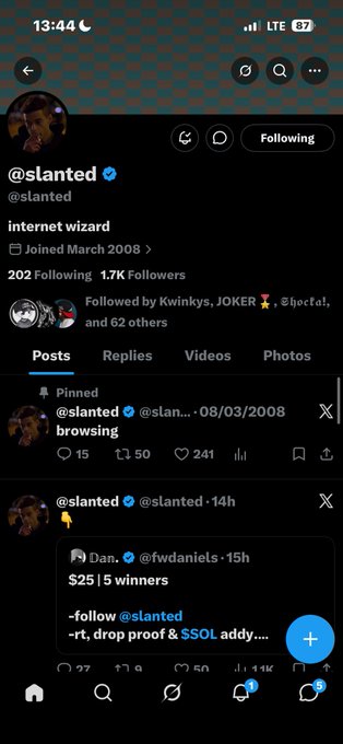 A screenshot of an X (formerly Twitter) profile on mobile for '@slanted' with the bio 'internet wizard', showing follower counts of 202 Following and 1.7K Followers, alongside a pinned post titled 'browsing'.