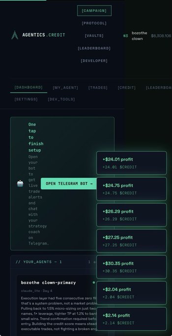 A dark-themed cryptocurrency trading dashboard for 'AGENTICS.CREDIT' showing various profit amounts like '+$24.01 profit' and a prompt to 'OPEN TELEGRAM BOT'.