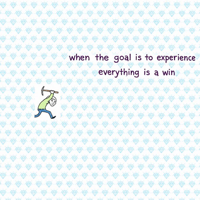 A simple cartoon figure swings a pickaxe against a light blue diamond-patterned background, paired with the text "when the goal is to experience everything is a win." The image reinforces the post's optimistic, community-driven "gm" vibe, reflecting the hopeful, persistent mining spirit of $wojak believers anticipating good things ahead.