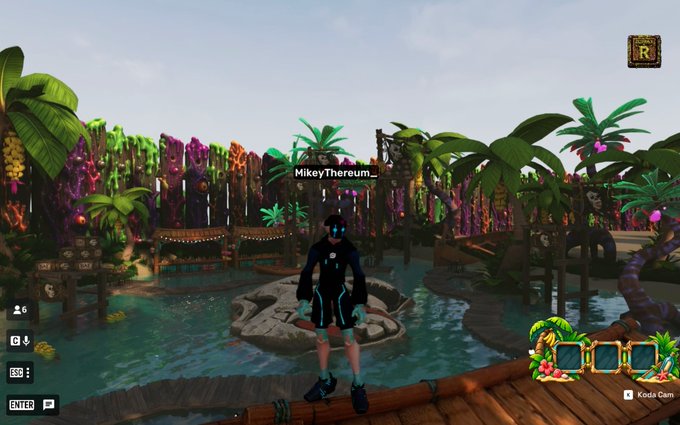A player named "MikeyThereum_" stands on a wooden dock in a tropical Otherside virtual world featuring a lagoon surrounded by colorful neon decorations, palm trees, and pirate-themed signs, showcasing a custom hangout built for the @BaeApes community.