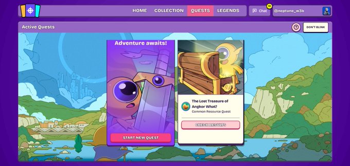 A screenshot of a 'QUESTS' tab from what appears to be a cryptocurrency or NFT platform, showing an 'Adventure awaits!' panel with a purple creature character and 'The Lost Treasure of Angkor What?' common resource quest option.