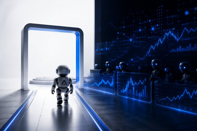 A small humanoid robot walks through a glowing blue archway past holographic market charts and observing robotic figures, symbolizing an AI agent being tested on real prediction market data before handling real capital.