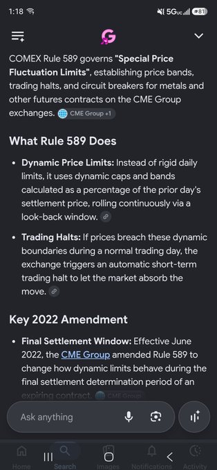 A mobile screenshot of an AI assistant explaining COMEX Rule 589 ('Special Price Fluctuation Limits'), detailing dynamic price limits, trading halts, and a 2022 amendment regarding the final settlement window for expiring contracts on the CME Group.