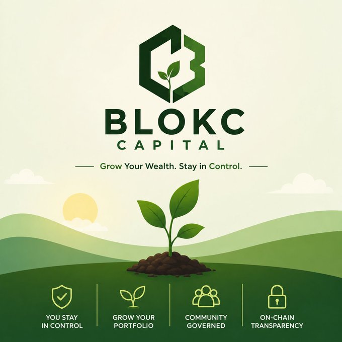 A promotional graphic for 'BLOKC CAPITAL' featuring a hexagonal logo with a growing plant, the tagline 'Grow Your Wealth. Stay in Control.', and four features: You Stay In Control, Grow Your Portfolio, Community Governed, and On-Chain Transparency.